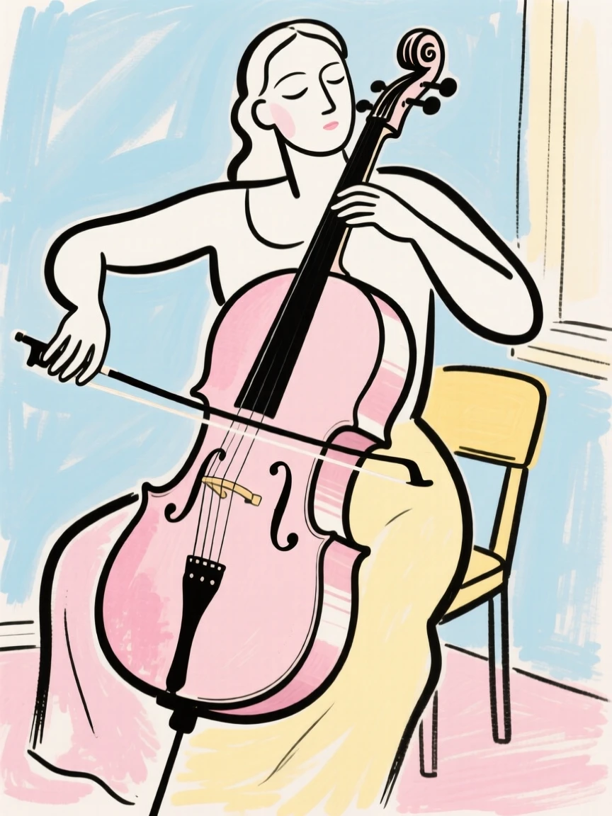 A cellist practicing at home