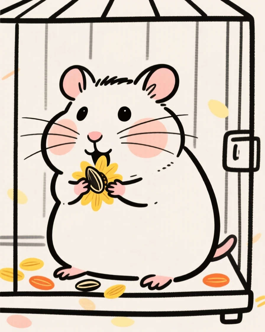 A hamster stuffing its cheeks with sunflower seeds in its cage.