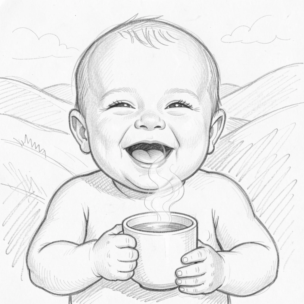 Close-up portrait of a laughing newborn baby against a backdrop of rolling hills, holding a steaming cup of tea.