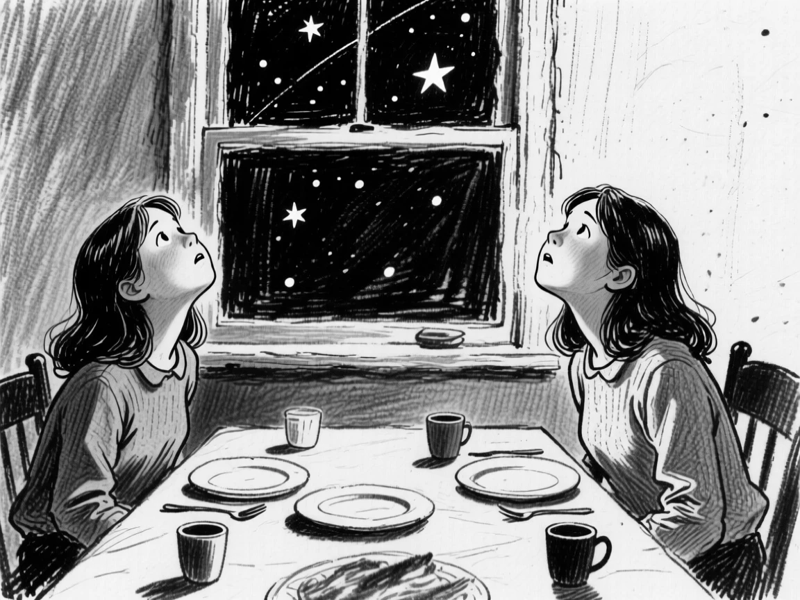 Twin sisters looking up at the stars with wonder, at a family dinner table.