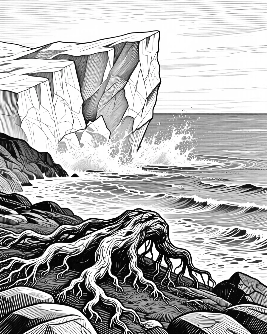 A glacier calving into the sea at the edge of an endless horizon, with gnarled roots gripping the rocky soil, evoking a quietly majestic atmosphere in a wide, balanced composition.