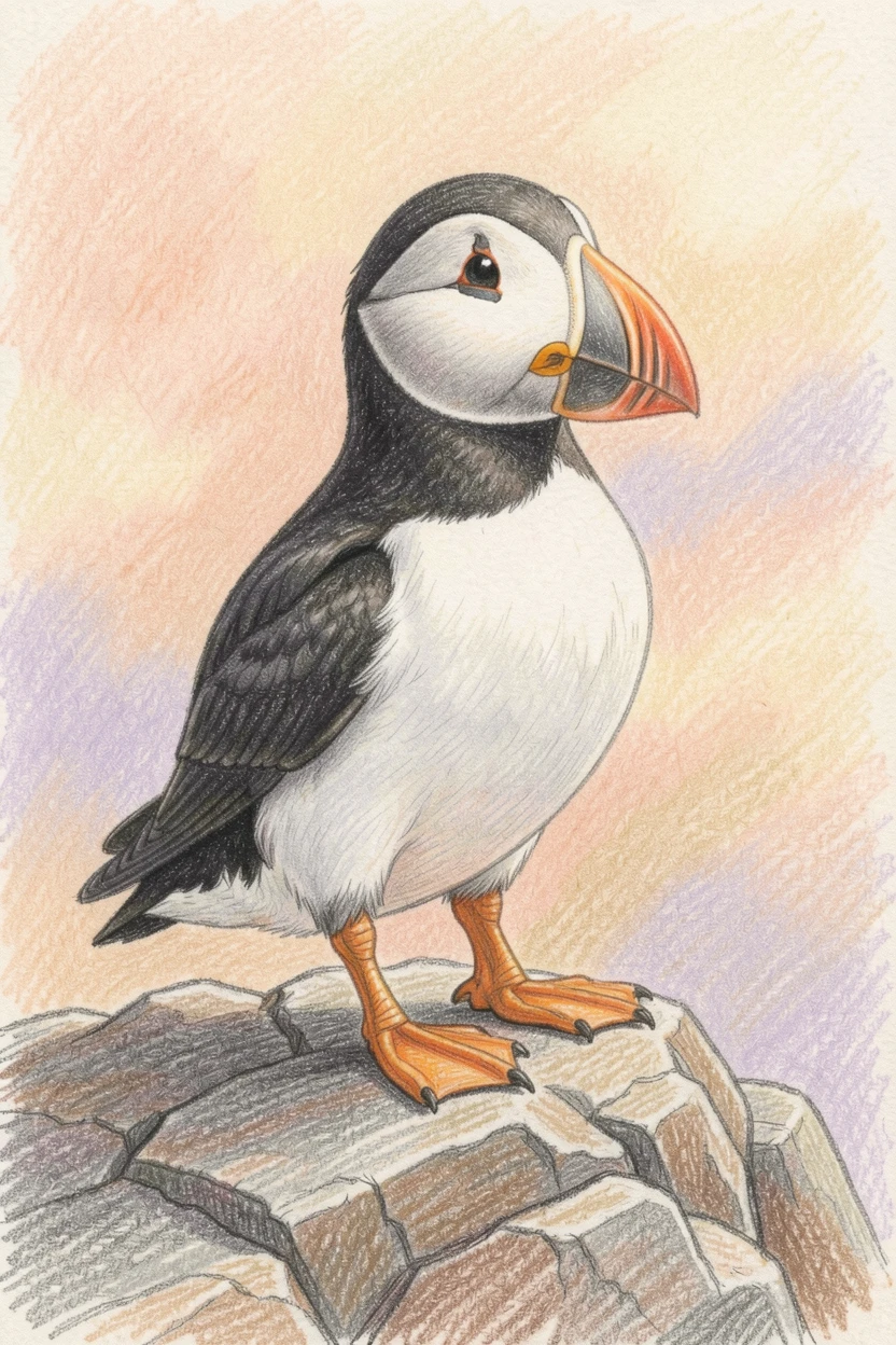 A puffin standing proudly on a rocky sea cliff, set against a warm, softly blurred background, radiating warmth, innocence, and gentle charm.