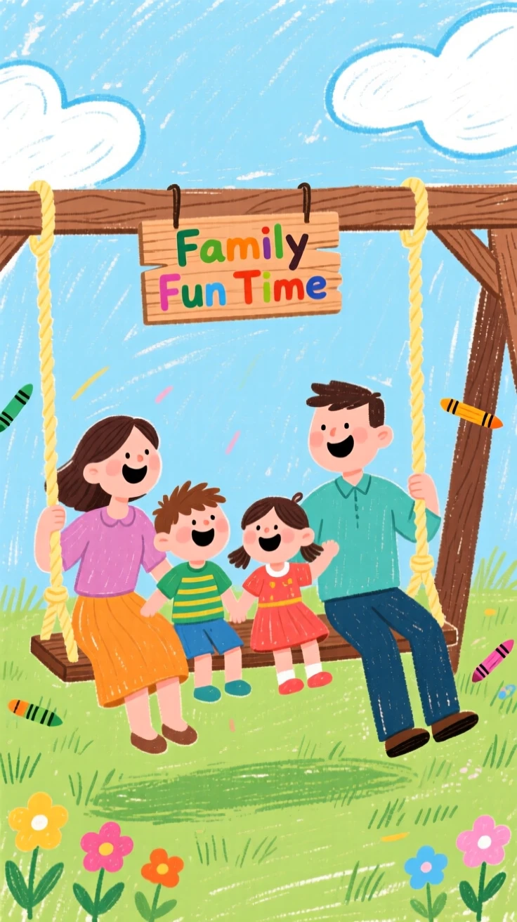 A family of four laughing together on a backyard swing set.