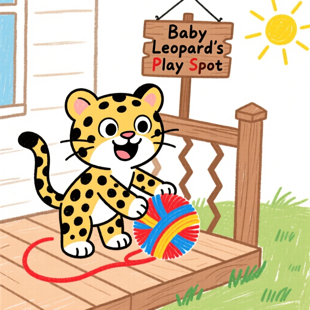 A spotted baby leopard playing with a ball of yarn on a porch.