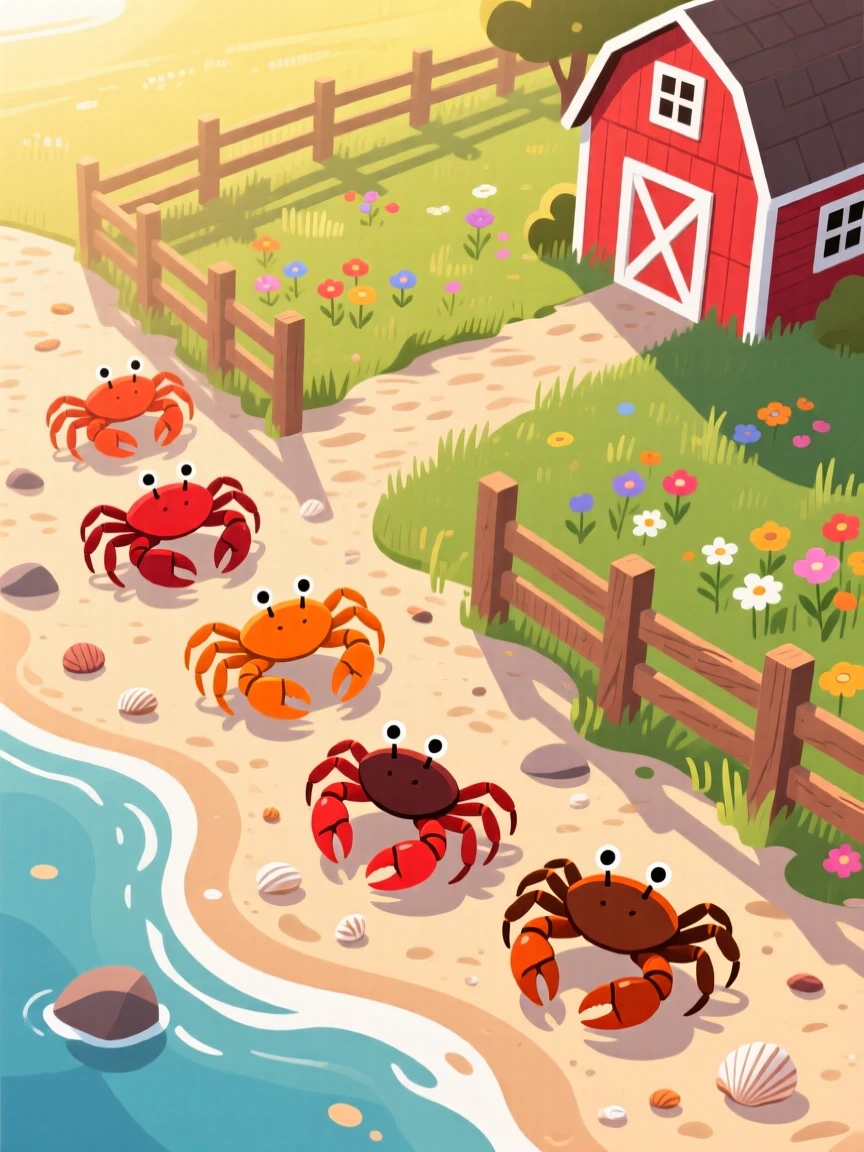 A group of crabs scuttling along a sunlit beach, set within a peaceful farmyard at early morning, shown from above in a charming bird's-eye view, with vivid, richly saturated colors that pop.