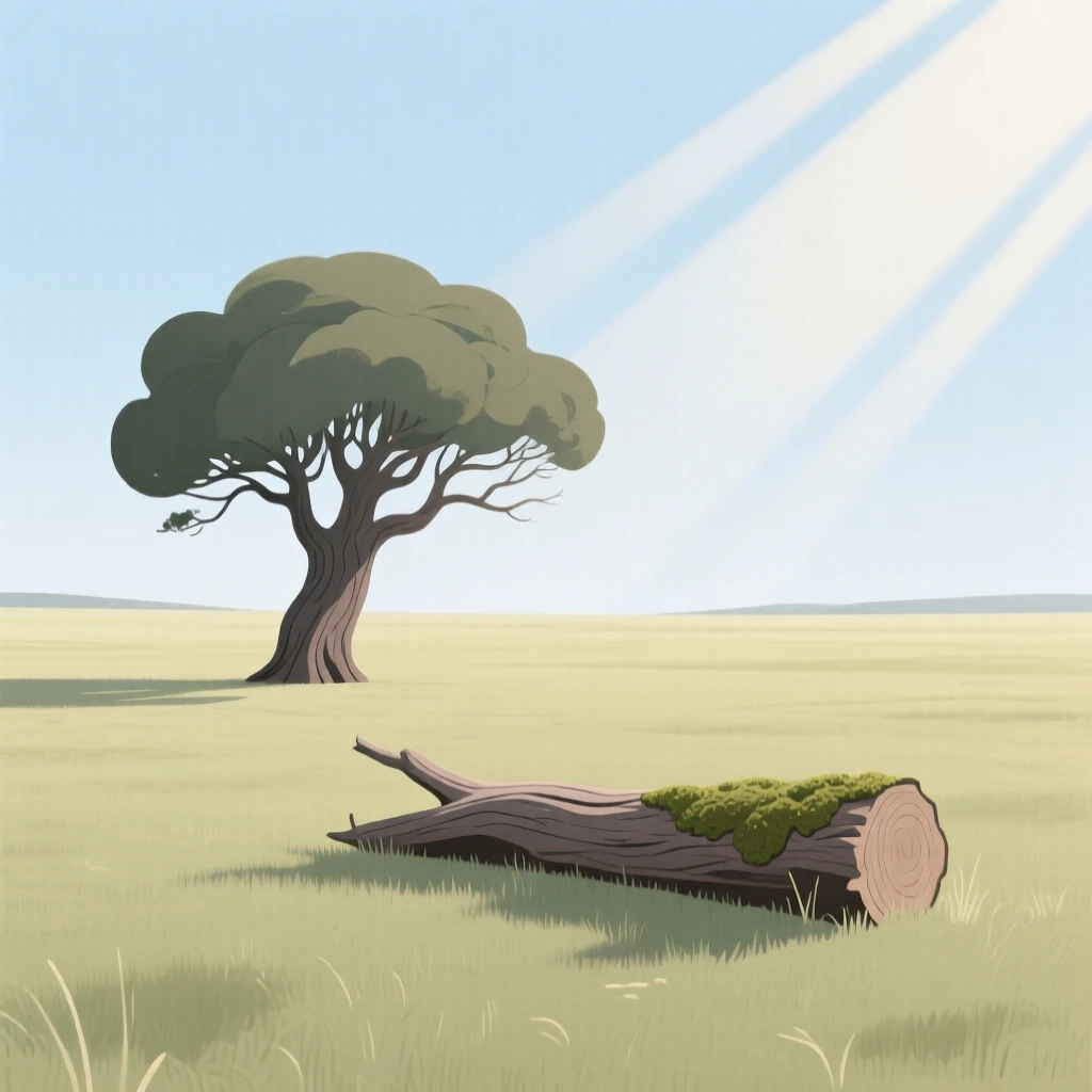Sunlight falling across an open prairie under a wide sky as an ancient oak tree moves slowly past a fallen log covered in moss, evoking quiet wonder.