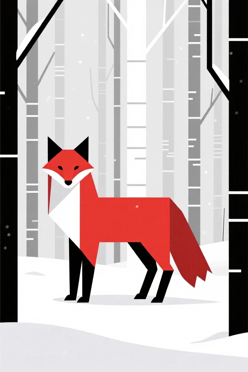 A red fox standing in a snowy forest