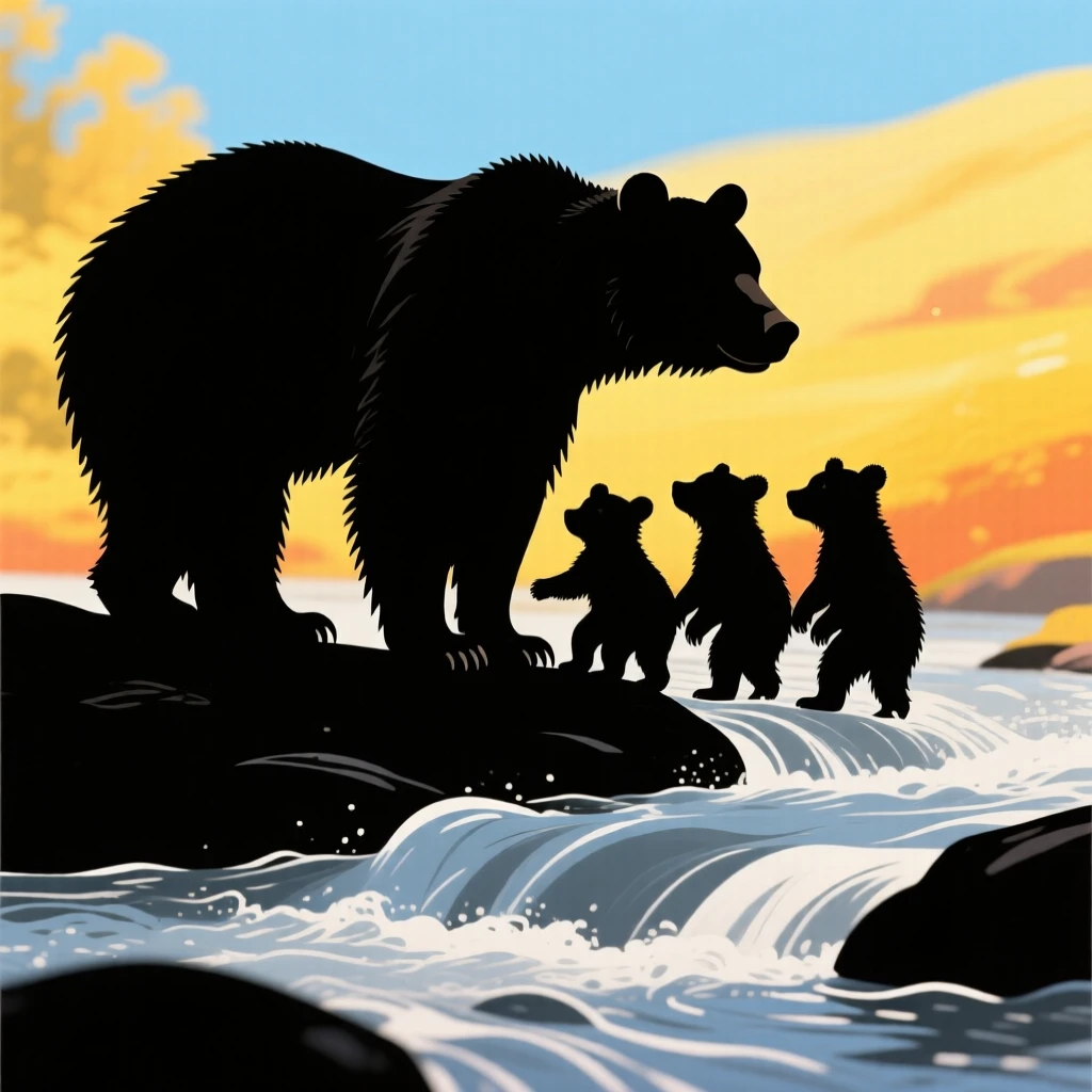 A mother bear teaching her cubs to fish in a rushing stream.