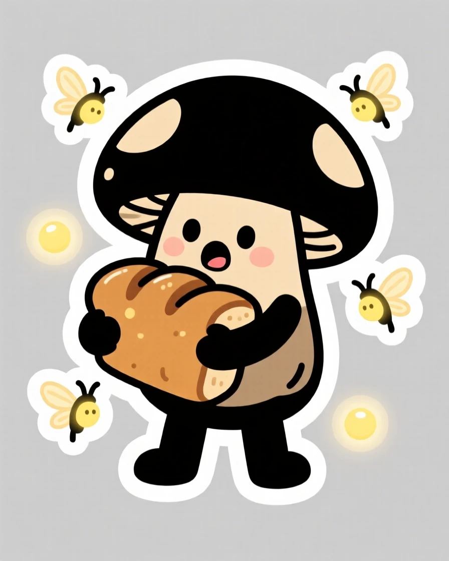 A surprised tiny mushroom creature hugging a warm loaf of bread, surrounded by softly glowing fireflies.