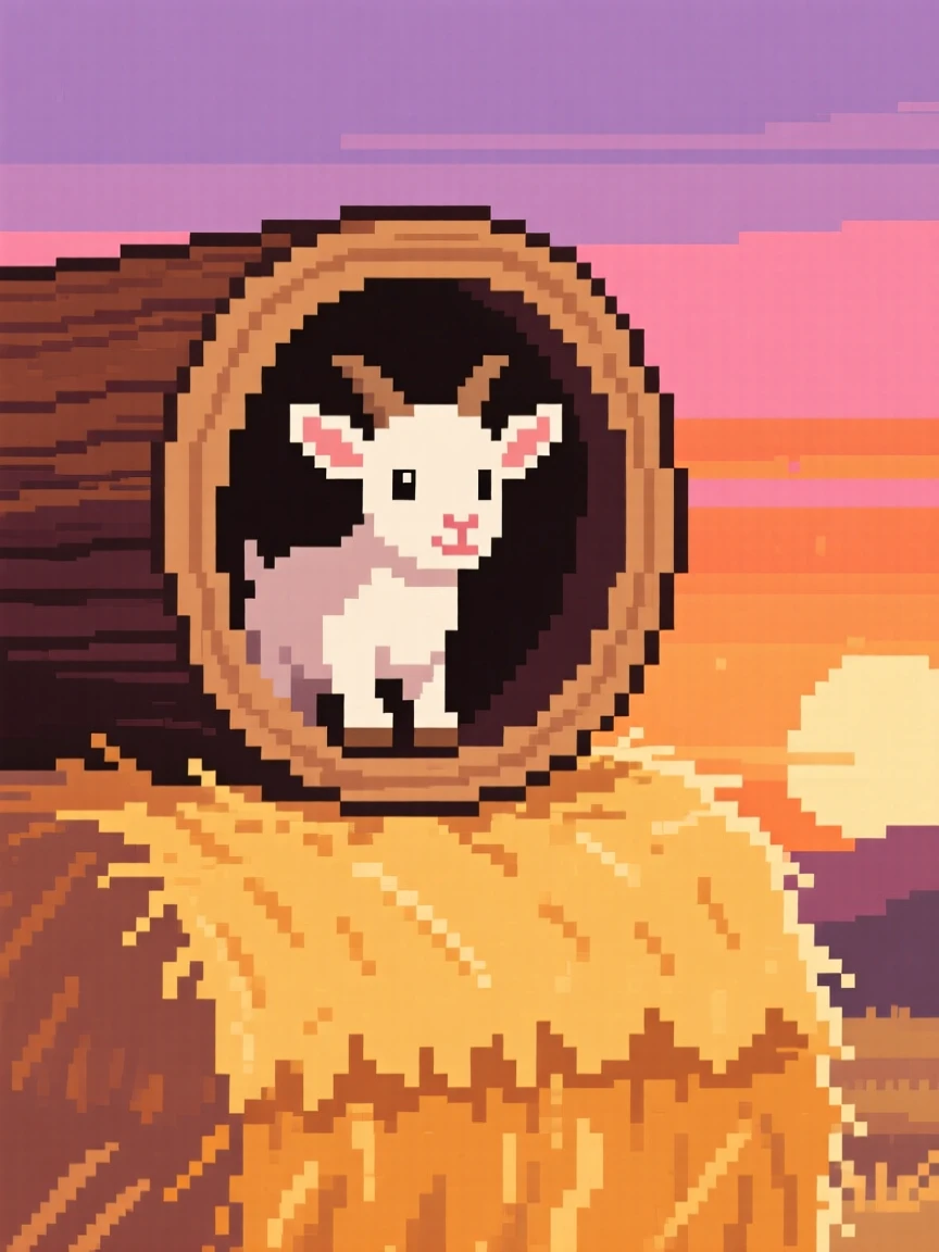 A baby goat peeking out of a hollow log, on top of a haystack at sunset.