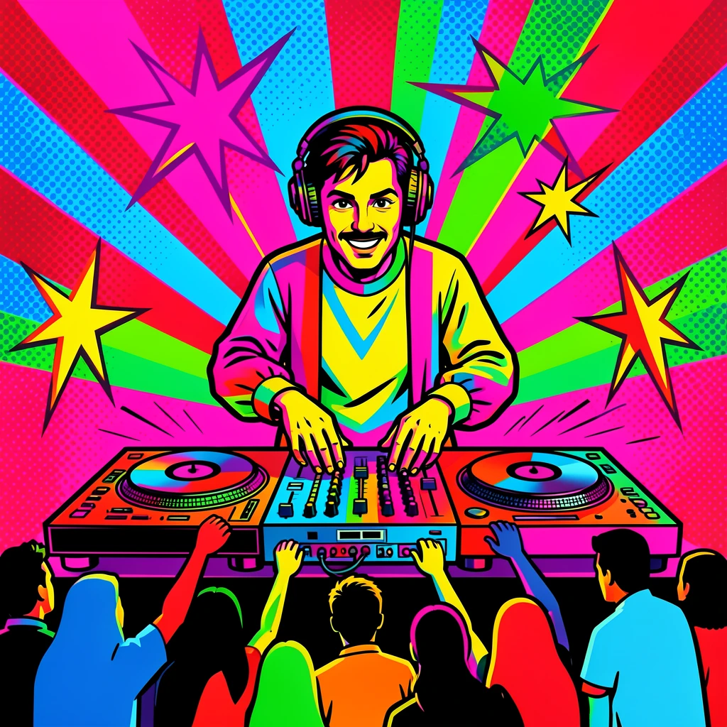 A DJ mixing tracks as elaborate lights pulse across a crowd