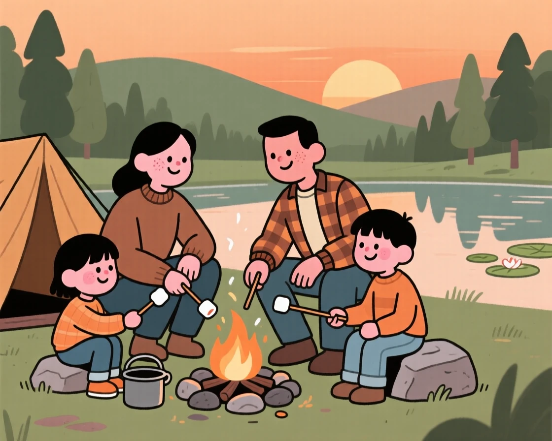 A family sets up camp beside a forest pond as a soft orange sunset fades behind the distant hills, roasting marshmallows around a small fire.