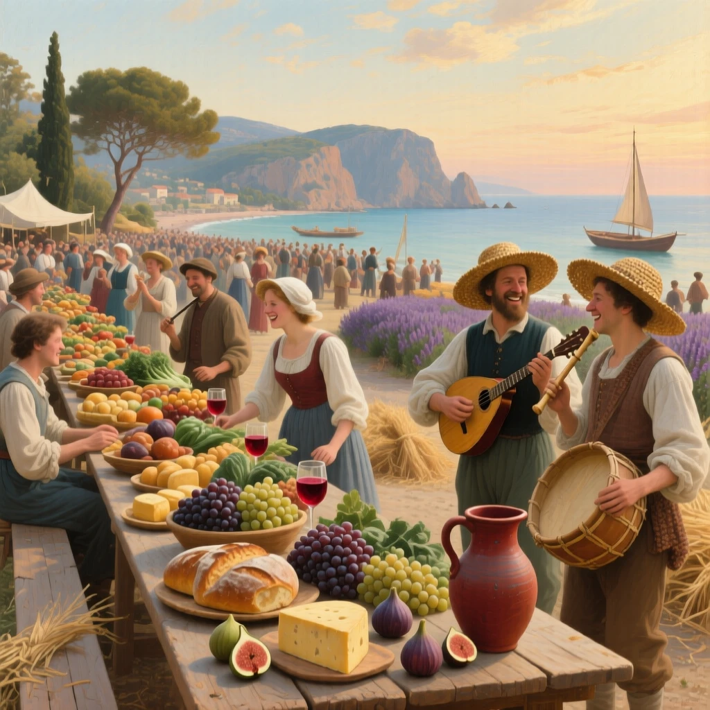 A panoramic view of a harvest festival with tables laden with food and musicians playing, on the coast of Provence, in the early 19th century.