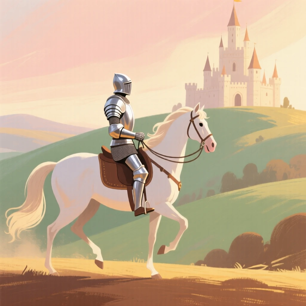 A knight in shining armor riding toward a distant fairytale castle