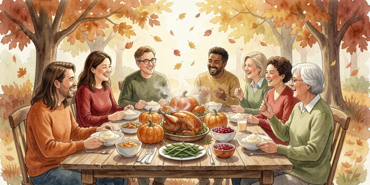 A table set for Thanksgiving dinner with family gathered around as golden autumn leaves drift in the breeze.