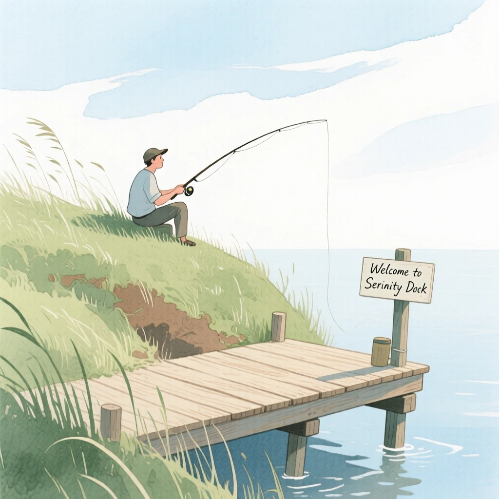A peaceful scene of someone fishing from a quiet dock on a windswept hilltop, fully absorbed in a quiet, joyful moment