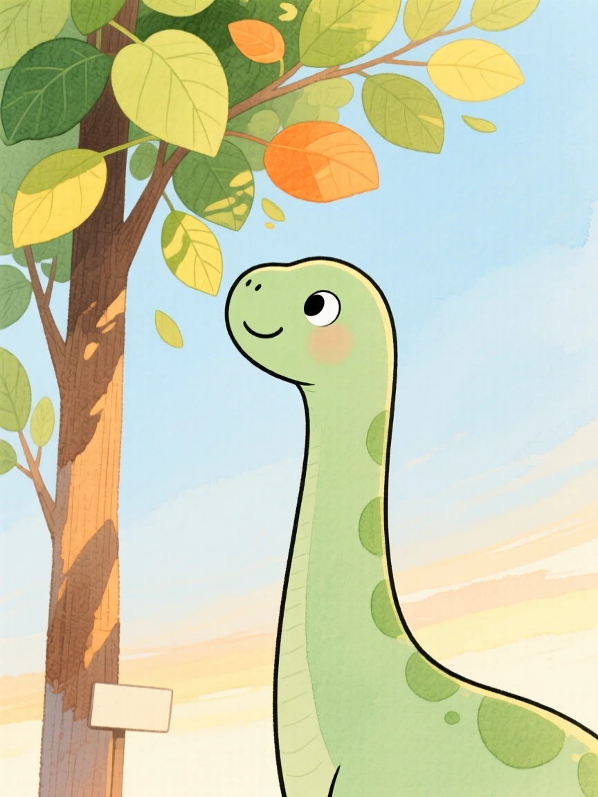An exciting view of a gentle long-necked dinosaur reaching for treetop leaves.
