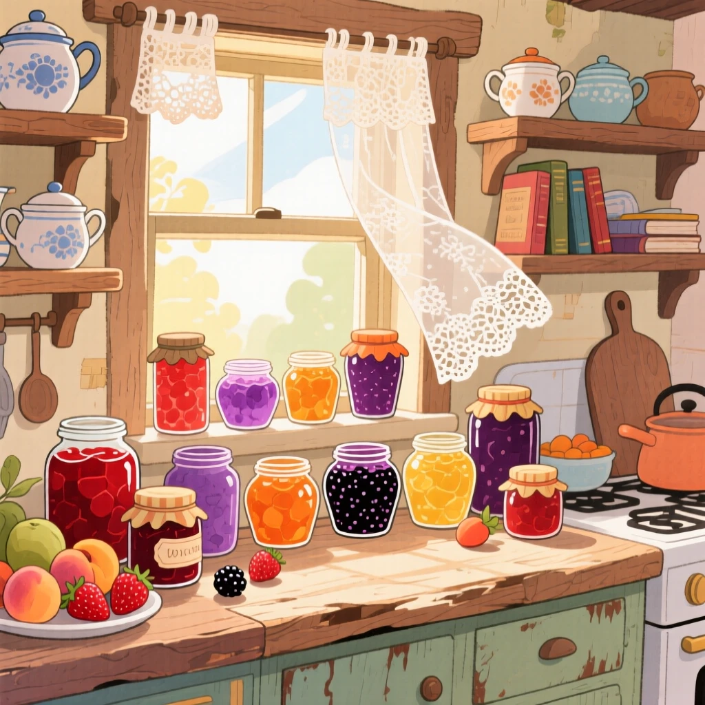 A grandmother's kitchen filled with jars of homemade jam lined on a windowsill, brimming with festive, mouthwatering delight.