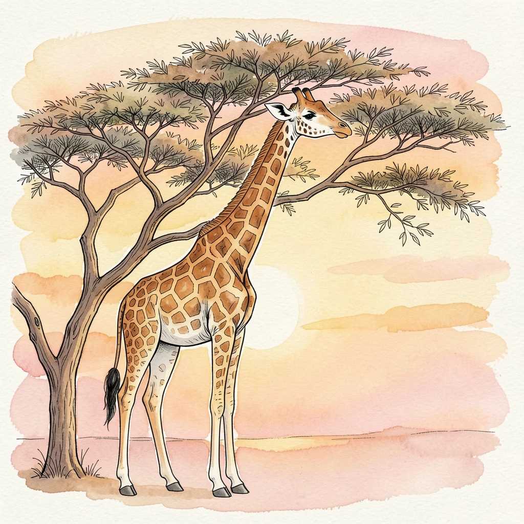 A giraffe reaching gracefully into the top branches of an acacia tree at sunset