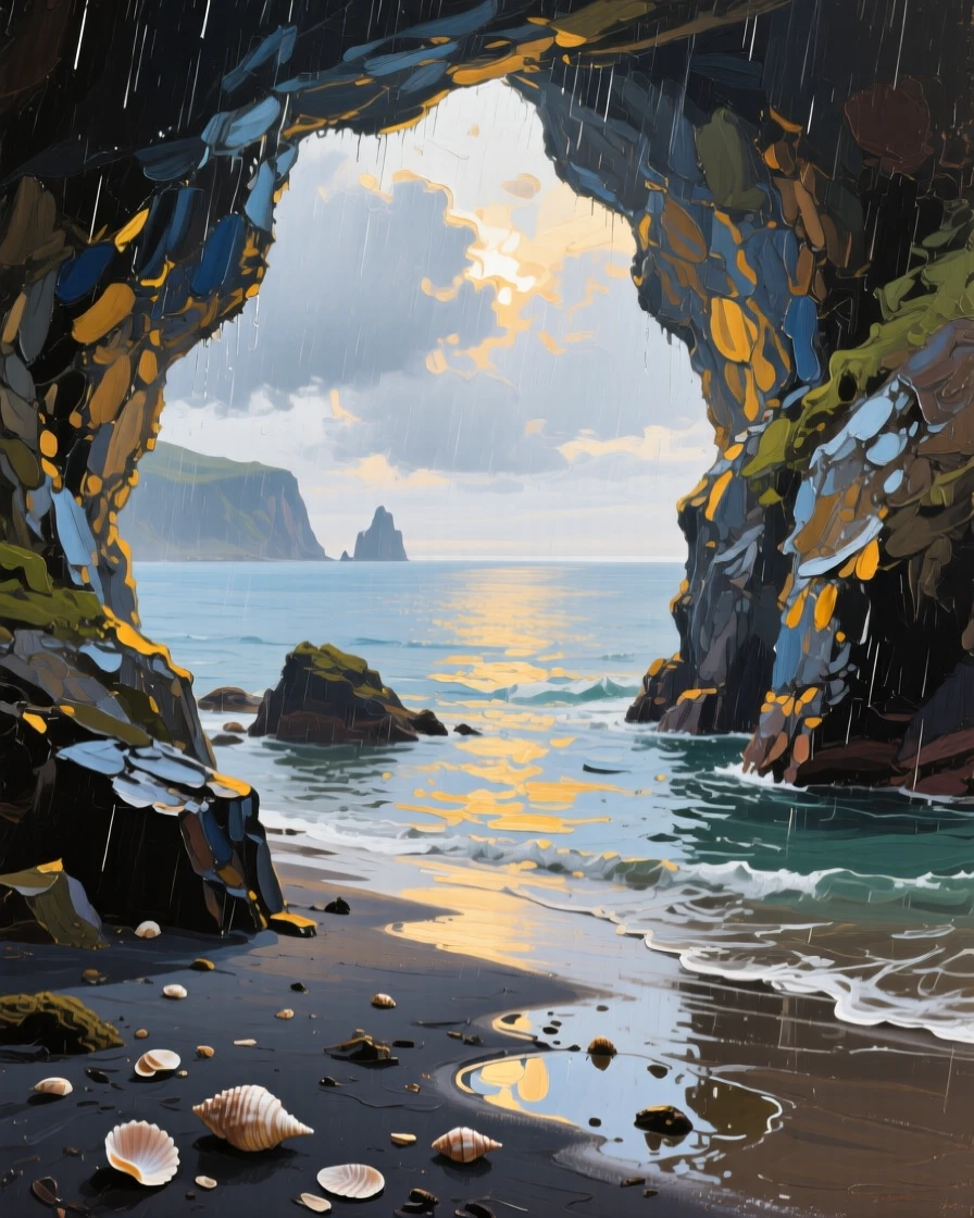a sea cave opening toward the horizon, after a passing rain shower, with a balanced, spacious view of the surroundings.