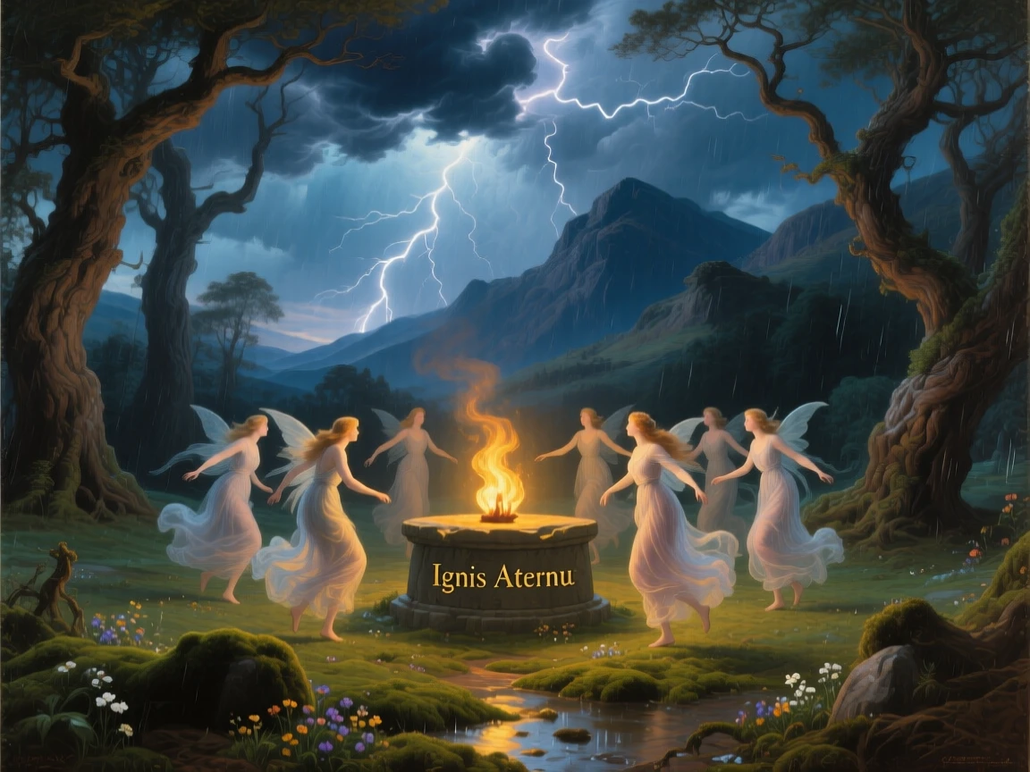 A band of nymphs dances beneath a stormy sky split by lightning beneath the light of an eternal flame.