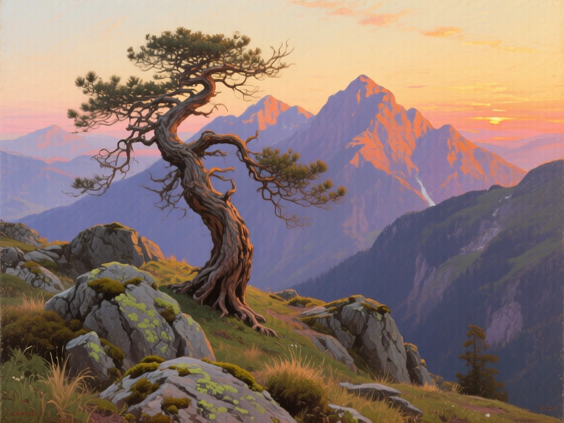 An ancient wind-bent pine standing alone on a mountain ridge, with the last rays of sunset catching every ridge and peak, conveying the peaceful isolation of a place few have ever seen