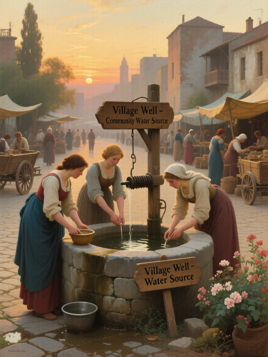 A group of women gathering water at a village well at sunrise in a small, quiet moment made luminous and lasting, set within a bustling market square filled with color and life, with modest but well-tended surroundings speaking of quiet pride; warm natural light elevates a humble scene into something timeless, suggesting that meaning is found in life's smallest rituals.