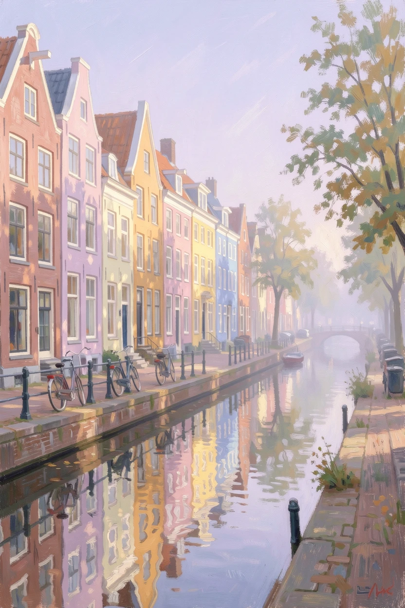 A quiet canal in Copenhagen lined with colorful townhouses and bicycles leaning against railings.