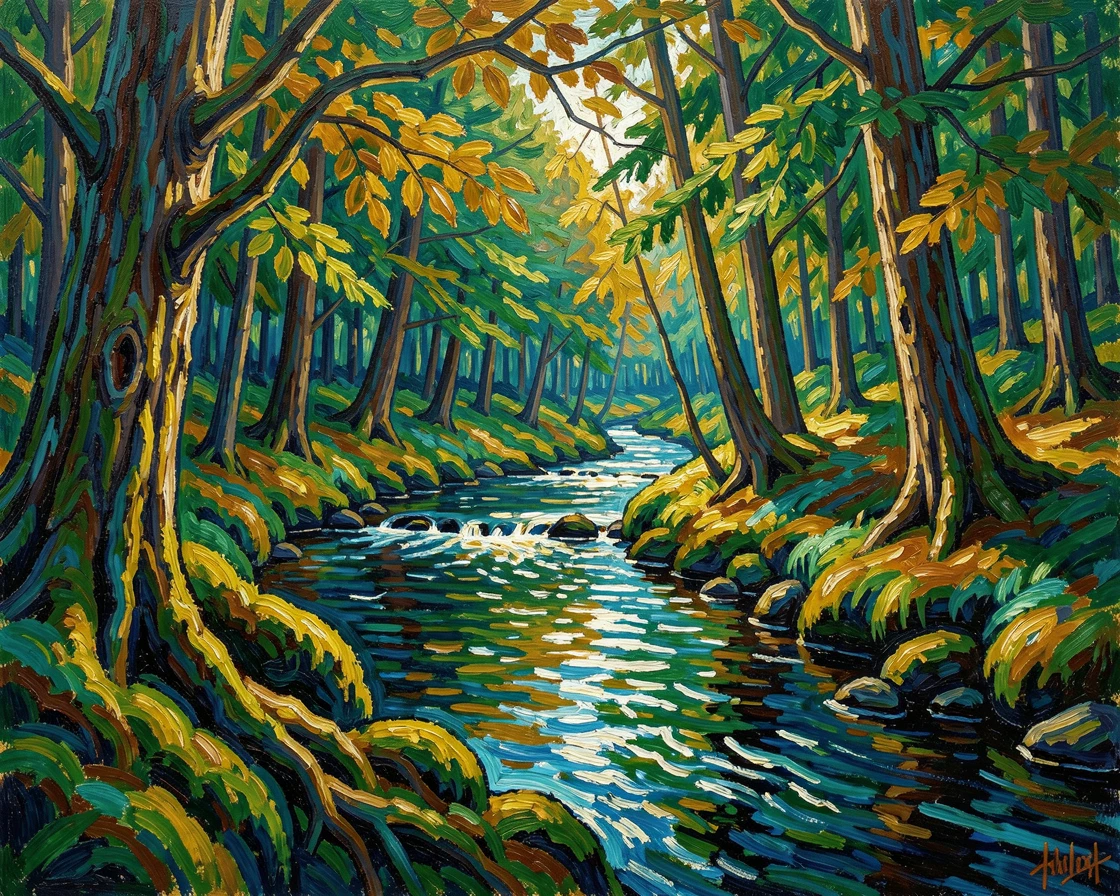 A quiet stream winding through a mossy forest, sunlight breaking through the canopy above.