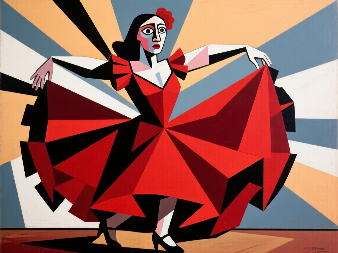 A flamenco dancer captured mid-spin, her red dress flaring dramatically.