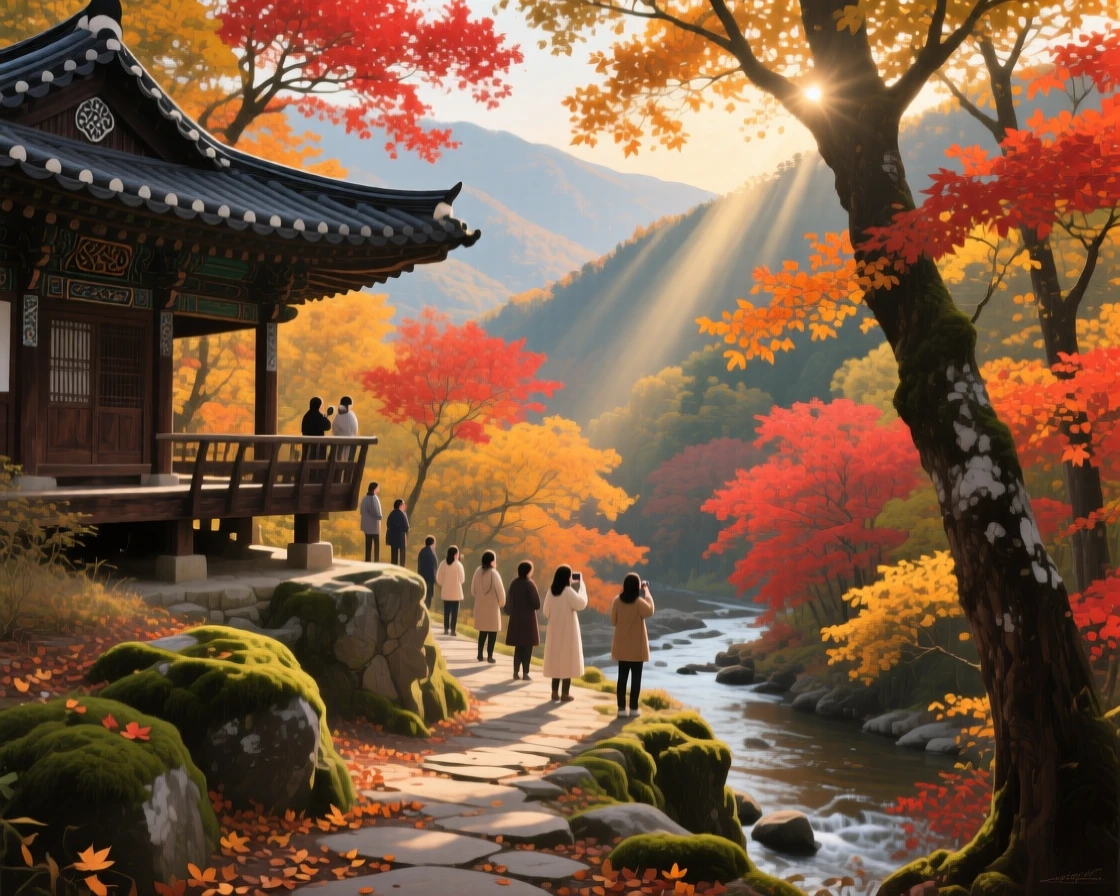 A vivid autumn forest in South Korea's mountains shows a wooden pavilion overlooking a valley of red and gold maples, visitors strolling along a stone path below, the changing light gradually shifting the mood of the landscape from moment to moment.