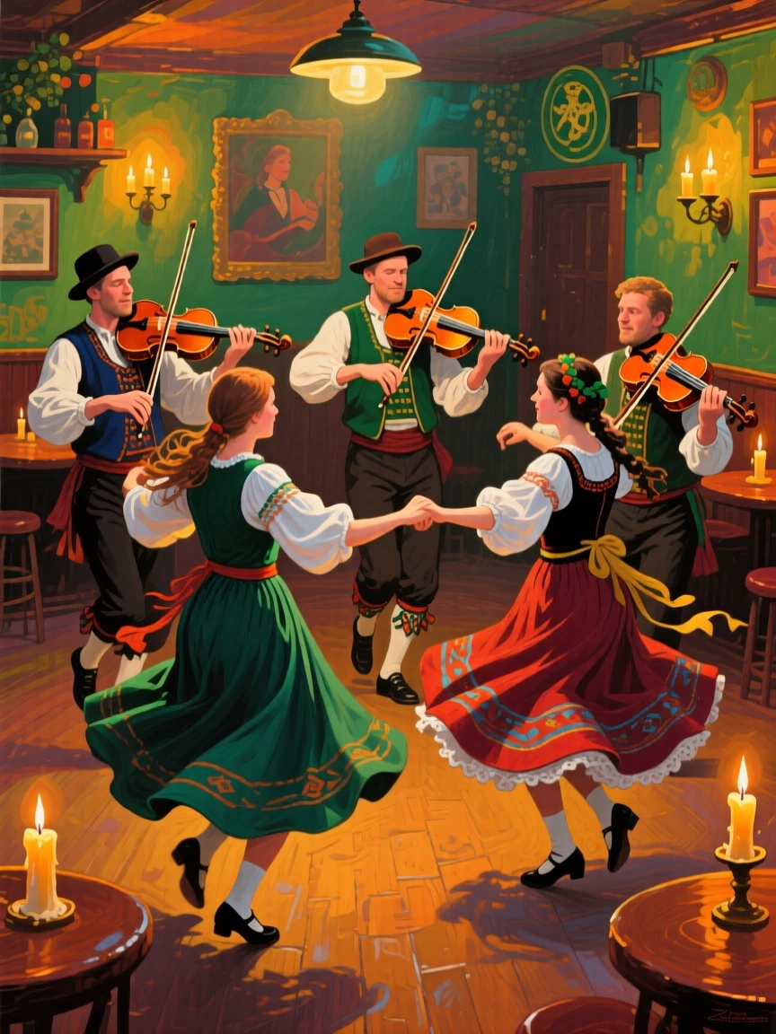 A traditional Irish céilí dance in a candlelit pub, fiddlers playing as dancers spin in tight circles