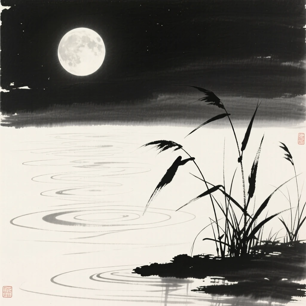 a serene lake beneath a rising moon, with reeds swaying gently along the water's edge.