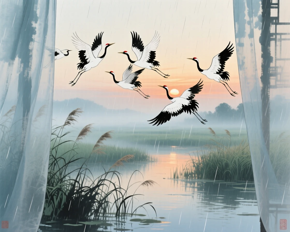 A flock of cranes wheeling above a marshland at sunset, through a curtain of fine rain.