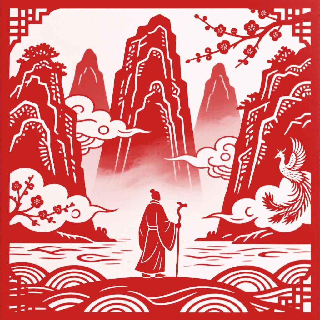 A composition of a solitary traveler beneath towering karst peaks, clouds pooling in the valley like a sea.