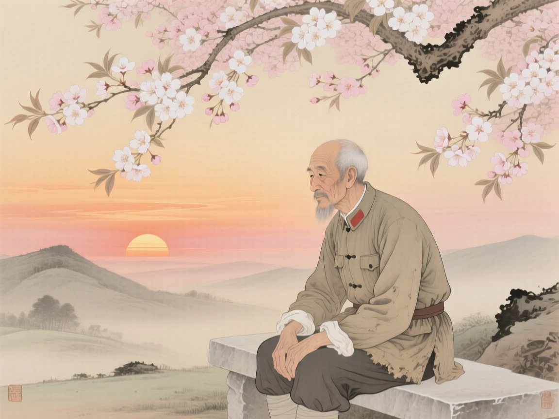 A retired soldier watching the sunset in quiet reflection beneath a canopy of cherry blossoms