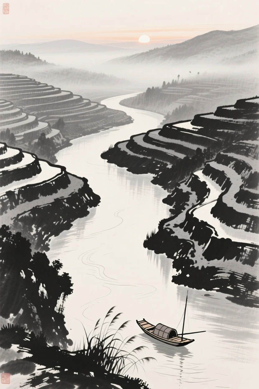 A winding river cutting through a deep, terraced valley at first light, when the world is still hushed and grey, viewed from a high vantage point looking down across the whole scene, with a small fishing boat anchored near the reeds, carrying a feeling of timeless peace and stillness.
