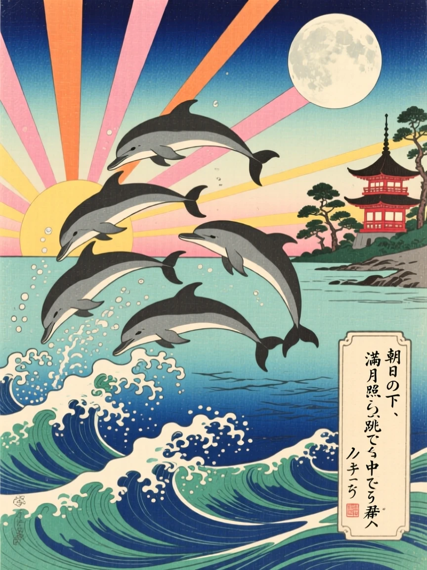 A school of leaping dolphins under a brilliant sunrise, under a full moon.