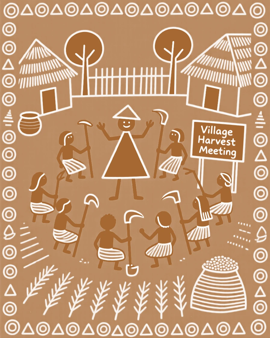 A schoolteacher forming a circle to discuss the harvest in the village courtyard.