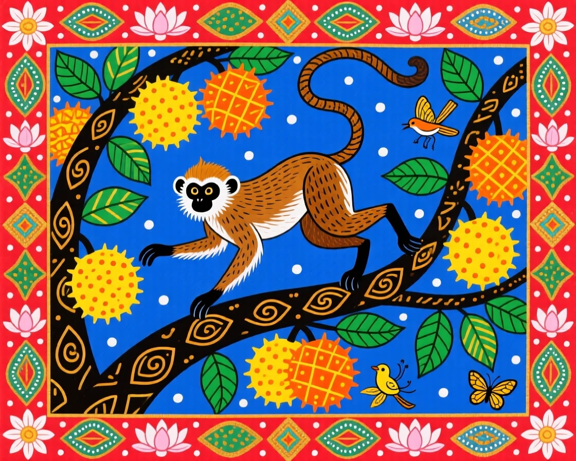 A langur leaping between branches heavy with ripe jackfruit.