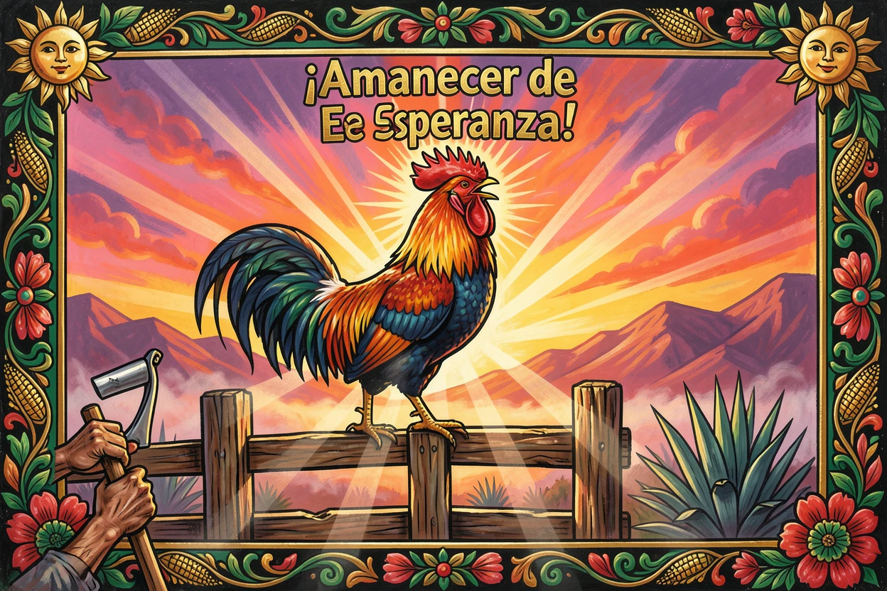 A rooster crowing atop a fence at sunrise