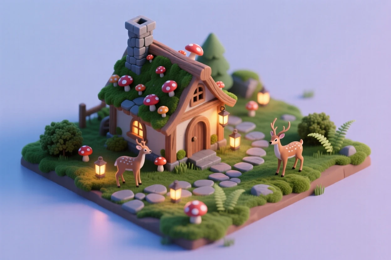 A cozy cottage tucked into a mossy forest clearing, with mushrooms growing along the roofline, a stone path lit by glowing lanterns, and deer grazing nearby at dusk.