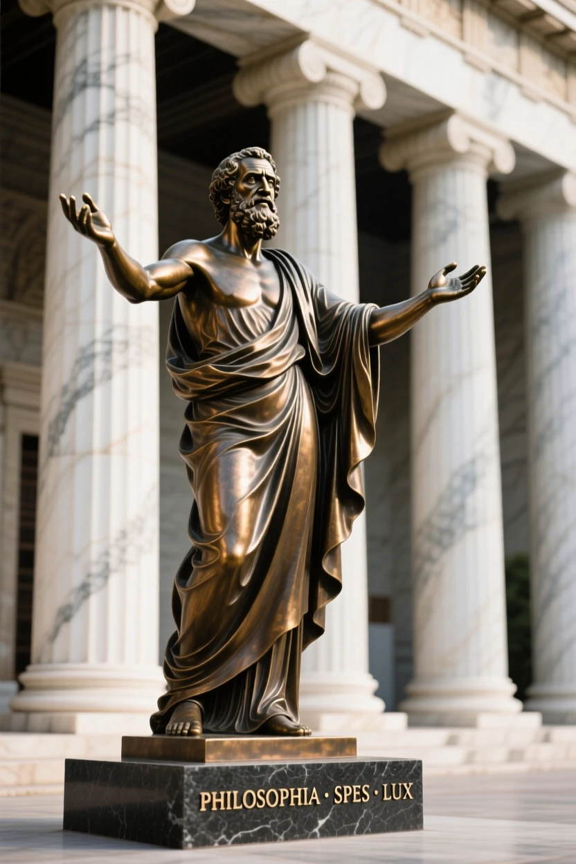 A greek philosopher lecturing beneath marble columns, with hands outstretched in a gesture of hope, forming a strong central focal point