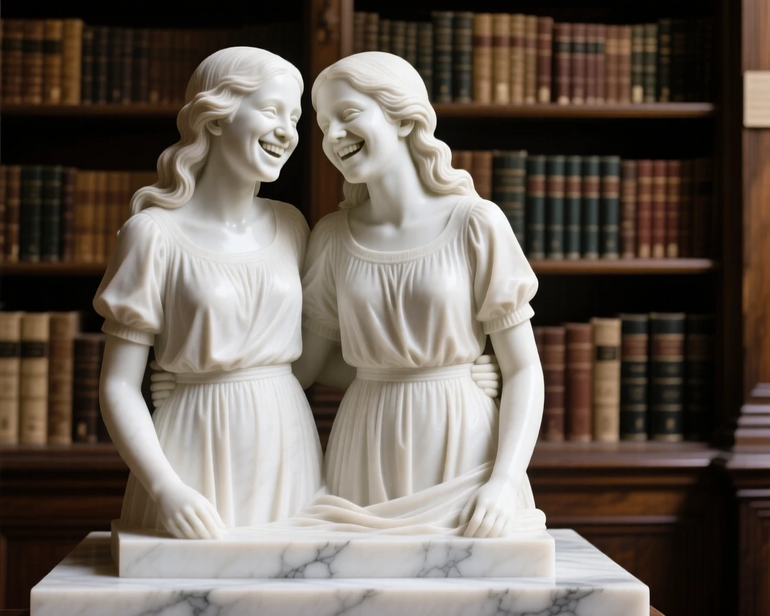 A tender portrait of twin sisters laughing together, smiling warmly at the viewer, in an old library filled with books, evoking warmth and humanity