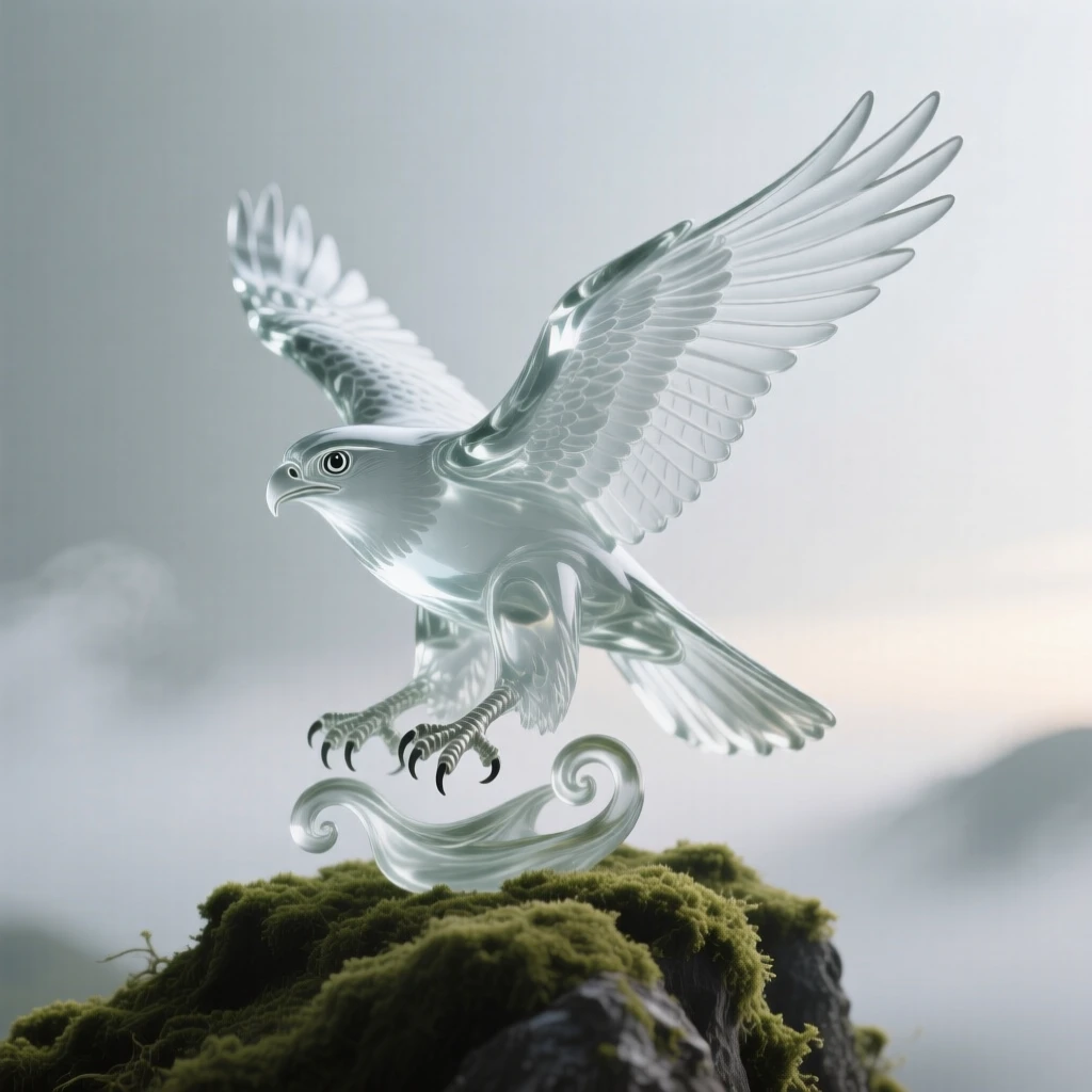 A falcon in flight standing alert on a moss-covered ridge at first light, mist curling around its paws, the scene calm and quietly majestic.