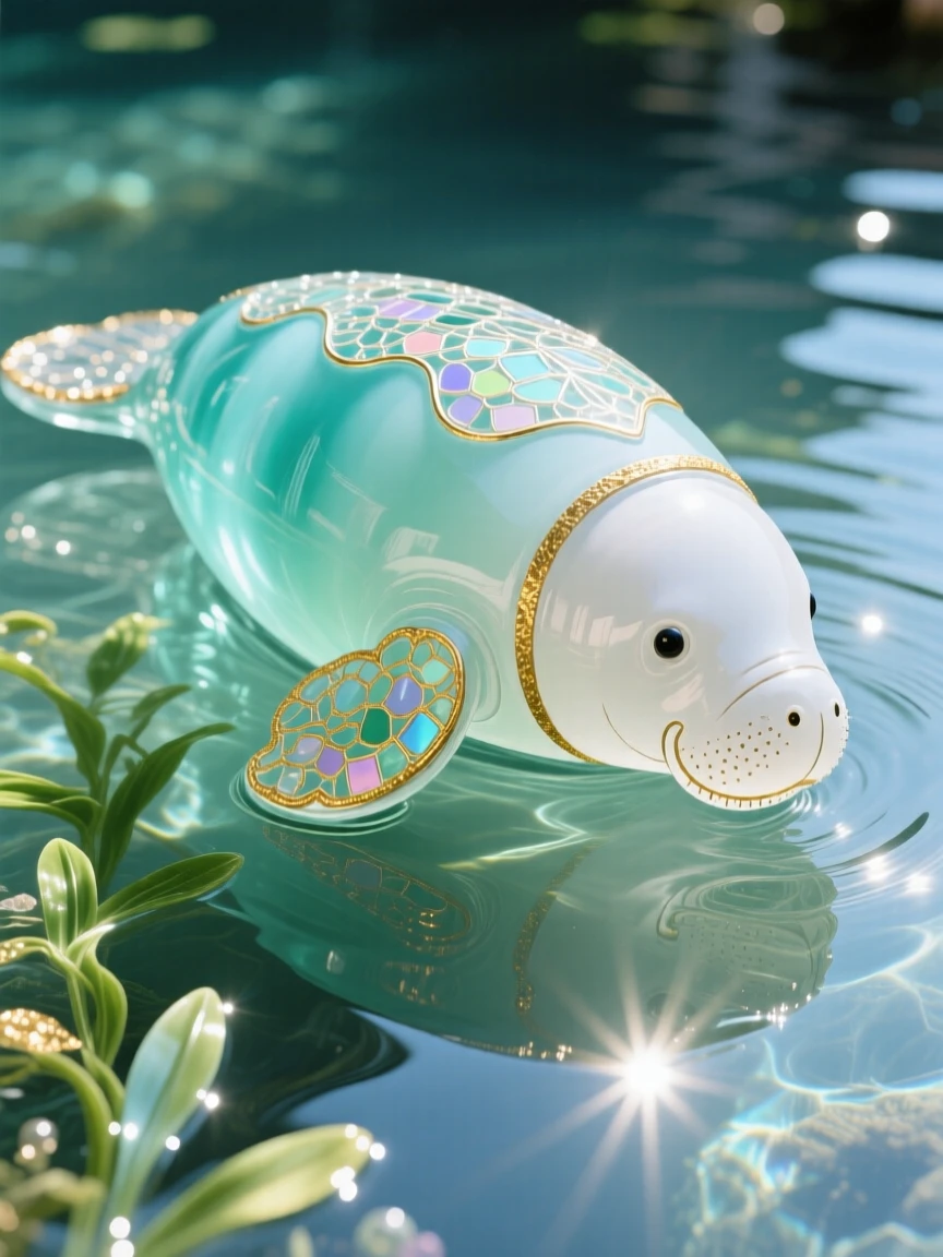 A gentle manatee floating in crystal-clear spring water surrounded by sunbeams, calm and serene.