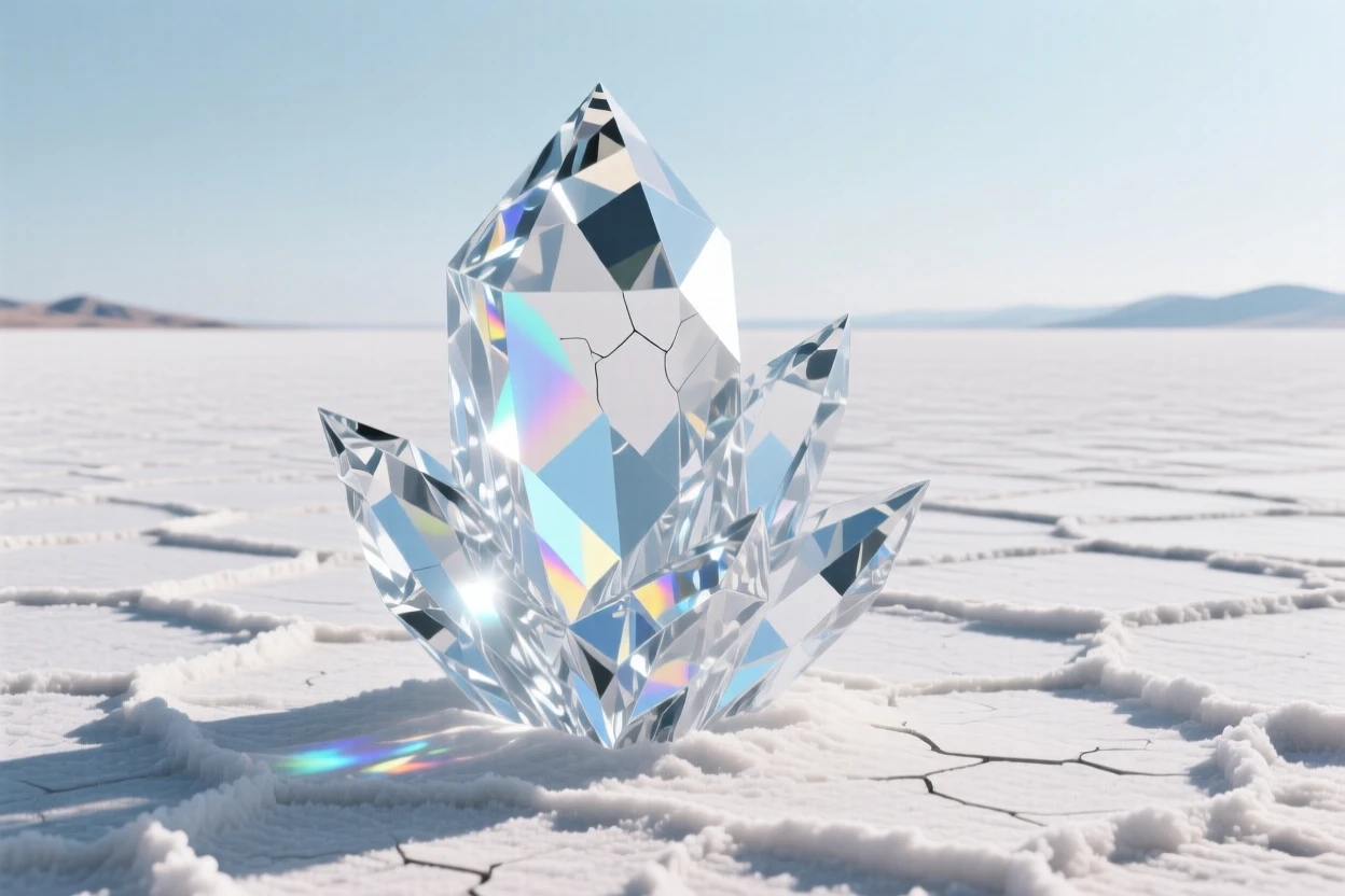 A vast salt desert with cracked geometric patterns stretching to the horizon.