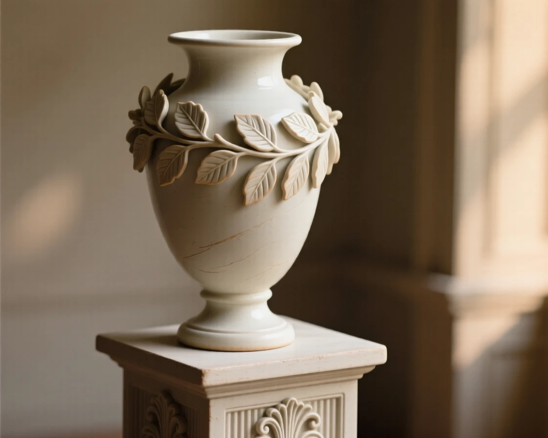 An elegant urn wrapped in a garland of leaves posed elegantly atop a decorative pedestal, framed by soft ambient lighting, capturing graceful beauty fit for a fine interior.
