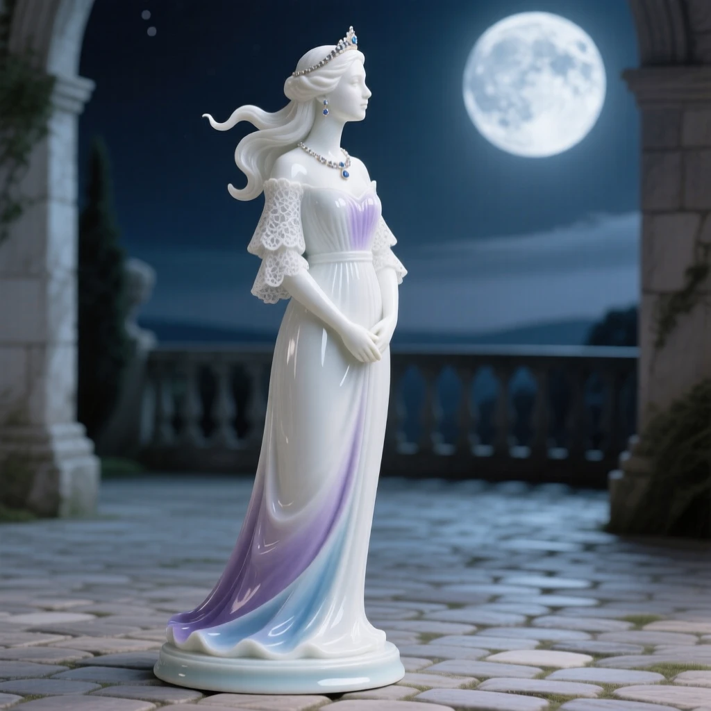 A poised queen gazing toward the horizon in a moonlit courtyard, a soft breeze lifting loose strands of hair.