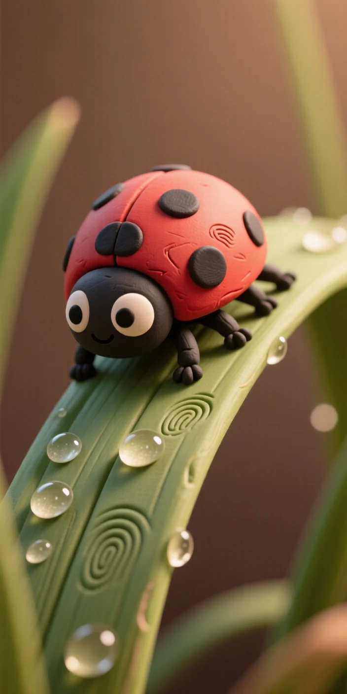 A ladybug crawling along a blade of grass beaded with morning dew